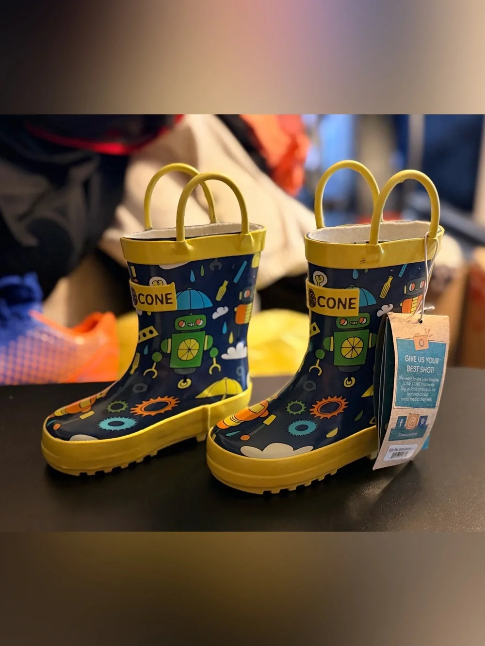 Kids Cone Robot Navy & Yellow Rain Boots